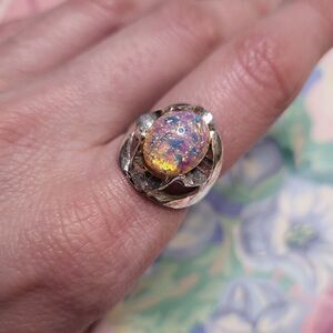 Vintage Y2K Sterling Silver & Simulated Opal Artisan Crafted Ring 💍 - Size 7